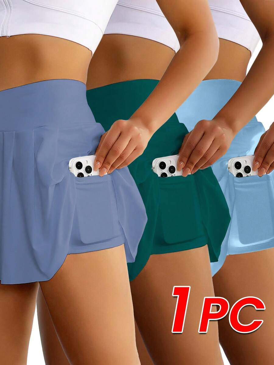 Eassivo Eassivo Wide Waistband Pleated Sports Skort Blue Skirt With Phone Pockettennis Skirt - Blue - View 1