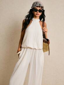 Poéselle 女士休闲度假通勤纯色纹理面料扭结露背连体裤，春夏款 - 杏色 - 查看 4