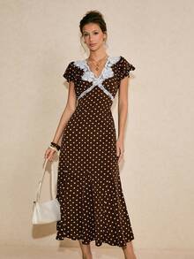 Poéselle 女士休闲波点撞色蕾丝夏季连衣裙 - 棕色 - 查看 6