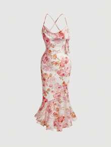 Vestido de verano con estampado floral elegante, bajo de cola de pez y espalda descubierta para mujer - Multicolor - Ver 4