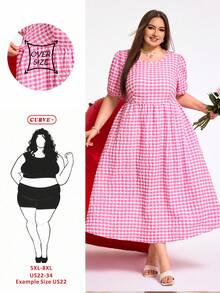 SHEIN CURVE+ 加大码格纹长款休闲连衣裙，适合春季和情人节穿着，甜美可爱 - 粉色 - 查看 9