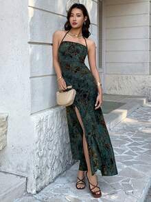 EastFlair Women's Halter Tie-Up Backless Jacquard Slit Design Elegant Waist-Cinched Long Party Dress,Summer Dresses For Women,Summer Outfits ,Summer Holiday Outfits ,Valentine's Day ,Beach Outfit,Going Out Outfits ,Valentine's Day Dress,Party Dresses For Women,Elegant Party Dresses ,Beach Dress,Wedding Guest Dress For ,Elegant Dress For Women Women,Casual Dresses For Women,Casual Long Dresses ,Green Dress - Green - View 6