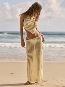 Aralina 2 Piece Set Crochet Summer Spring Swim Vacation Beach One Shoulder Top Assymetric Tube Maxi Skirt Sheer Sexy Two Piece Set - Yellow - View 11