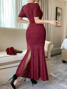 DAZY Women's Elegant Solid Color Lace V-Neck Puff Sleeve Fishtail Midi Dress, Summer Wedding Guest Dress Sundress - Burgundy - View 2