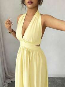 Rafferiza 优雅无袖V领露腰设计褶皱连衣裙，紫色，春夏新品，女士优雅长裙 - 黃色 - 查看 4