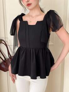FRIFUL Women's Mesh Bodycon Ruffle Hem Patchwork Casual Camisole Layered Shirt - Black - View 5