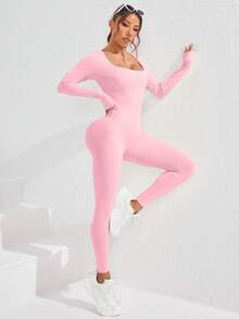 SHEIN Sovereign Charm Women's Casual Solid Color Elastic Ribbed Jumpsuit - Pink - View 5