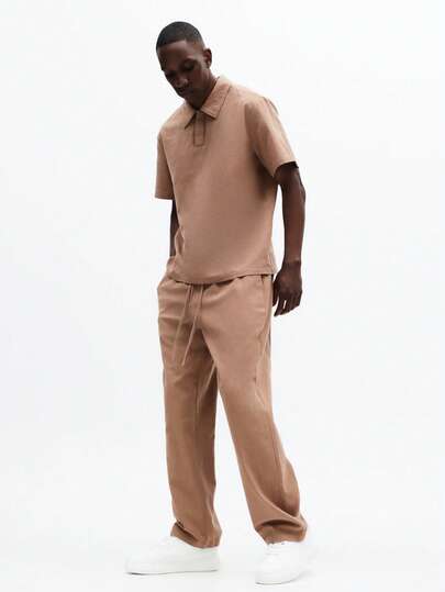 SUMWON Linen Feel Short Sleeve Polo Shirt With Wide Leg Casual Pants Coordinated Two Piece Summer Lounge Set