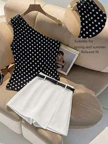 Franclia Women's Elegant Black Polka Dot Asymmetrical Neck Sleeveless Top And White Skirt Two-Piece Outfit - Black - View 4