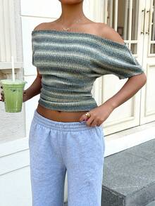 Muchica Summer Top Women's Spring/Summer Street Style Casual Y2K Everyday, Green Striped Stretch Off-Shoulder T-Shirt - Multicolor - View 3
