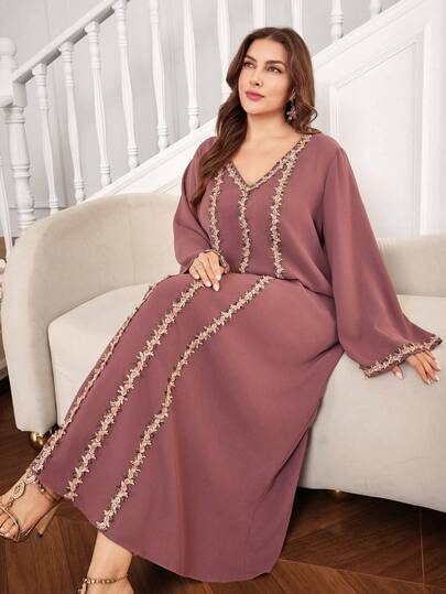 Al Najma Elegant, Luxurious, High-End, Loose Fit, Party Wear Long Sleeve Dress With Decorative Details For Plus Size Women