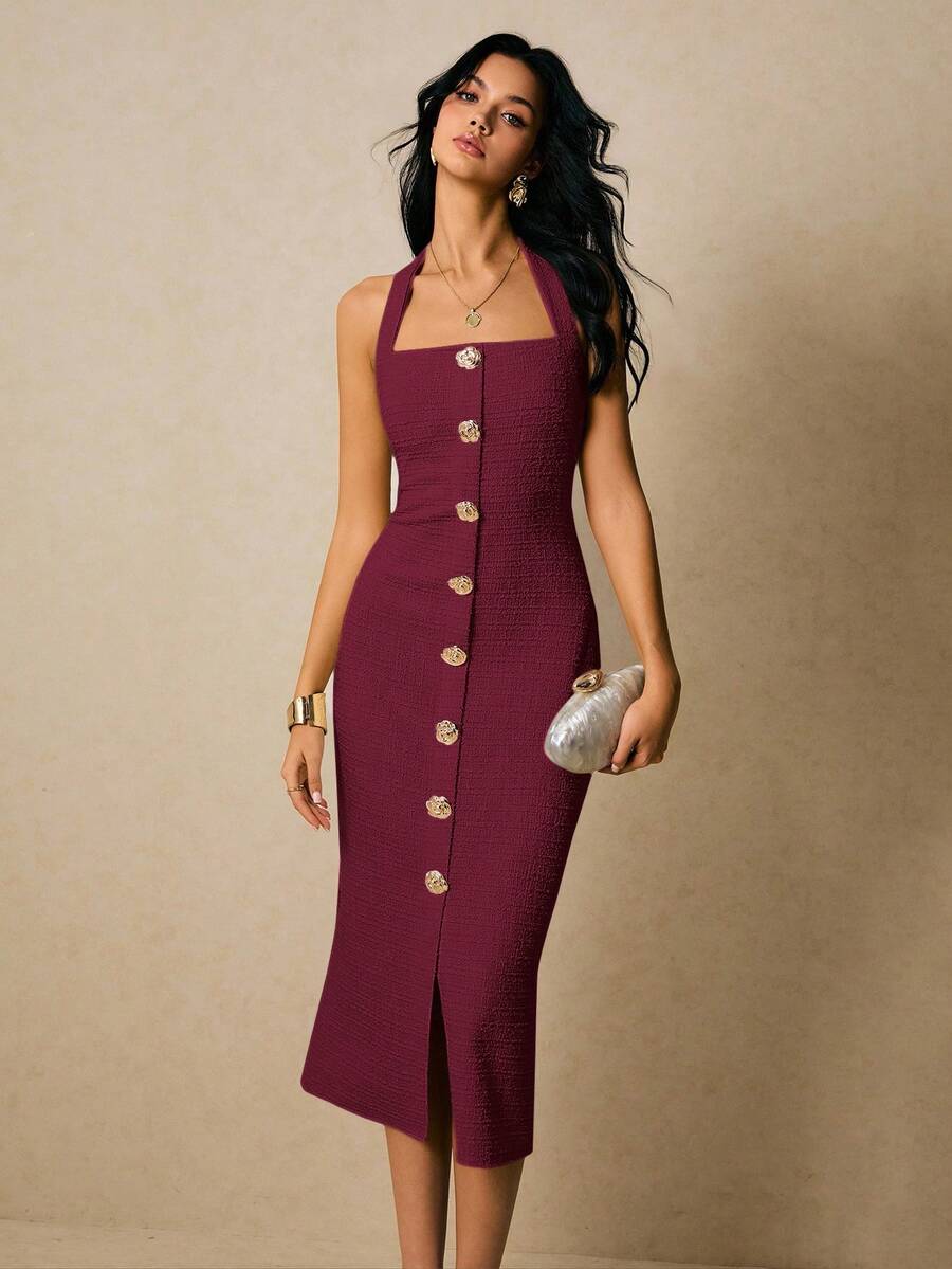 Poéselle 女士纯色前扣露背修身优雅连衣裙 - 酒紅色 - 查看 1