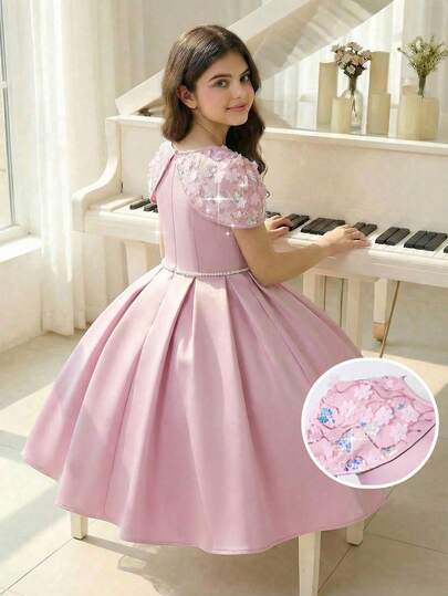 1 st exklusiv flickklänning med överdimensionerad kjol, ljusblå satinprinsesklänning med pärldekor, broderad sjal, tyllklänning för brudeflicka för födelsedagsfest och framträdande