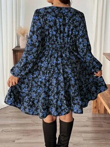 Lounesse Vestido casual plus size com renda floral contrastante, outono - Multicolorido - Ver 3