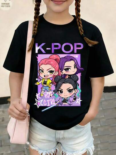 少女黑色圆领短袖印花T恤，休闲舒适时尚简约百搭卡通创意趣味明星动漫韩流风格字母印花T恤