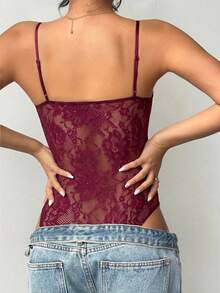 Aloruh Camisola transparente de renda sexy com laço decorativo em cor sólida - Borgonha - Ver 2
