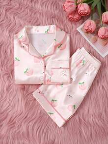 SHEIN 2pcs Baby Girls' Cute & Fresh Light Pink Cartoon Rabbit & Peach All-Over Print Cardigan Short Sleeve Top And Shorts Pajama Homewear Set - Multicolor - View 6