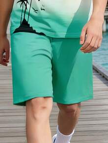 Ținută de vacanță la plajă pentru adolescenți, 2 buc., croială lejeră, cu imprimeu de cocos în gradient, top cu mânecă scurtă și pantaloni scurți - Multicolor - Vizualizare 4