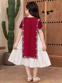 Young Girl Elegant V-Neck Floral Print Dress,Kids - Burgundy - View 4