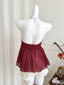 Sweetra Damprickig sexig bandeau-topp med knytband och rosett, ärmlös crop top, trendig söt och mångsidig sexig klubbklädsel, vår/sommar - Röd - Visa 2