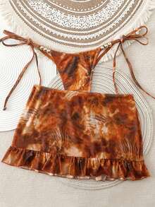 SHEIN Swim Women's Brown Summer Casual Vacation Holiday Beach Patchwork Print Ruffle Hem Cover-Up,Beaded Knotted Bikini Bottom,Triangle Swim Trunks Skirts - Multicolor - View 3