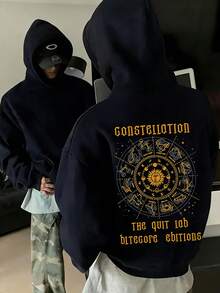 Manfinity Dauomo 男士休闲蓝色连帽衫，商务街头风 Y2K 成熟风格卫衣 - 藏蓝色 - 查看 1