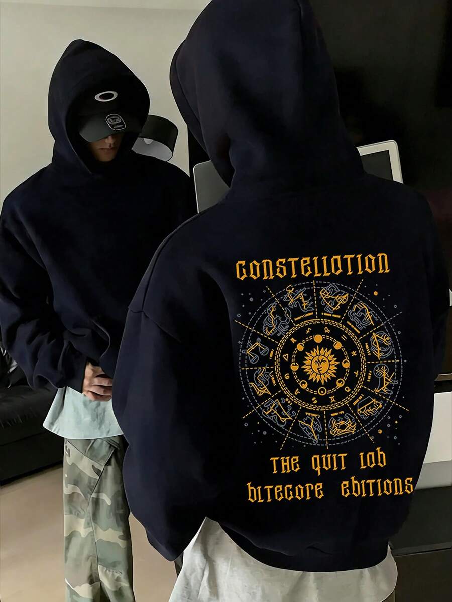 Manfinity Dauomo 男士休闲蓝色连帽衫，商务街头风 Y2K 成熟风格卫衣 - 藏蓝色 - 查看 1