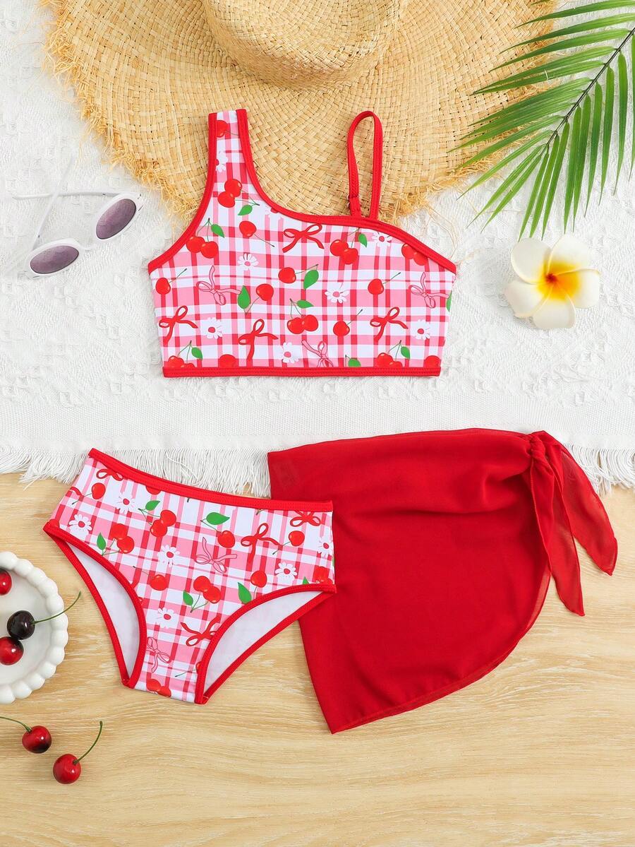 女童格子樱桃印花不对称领口泳衣套装，含罩衫和迷你裙 - 紅色 - 查看 1