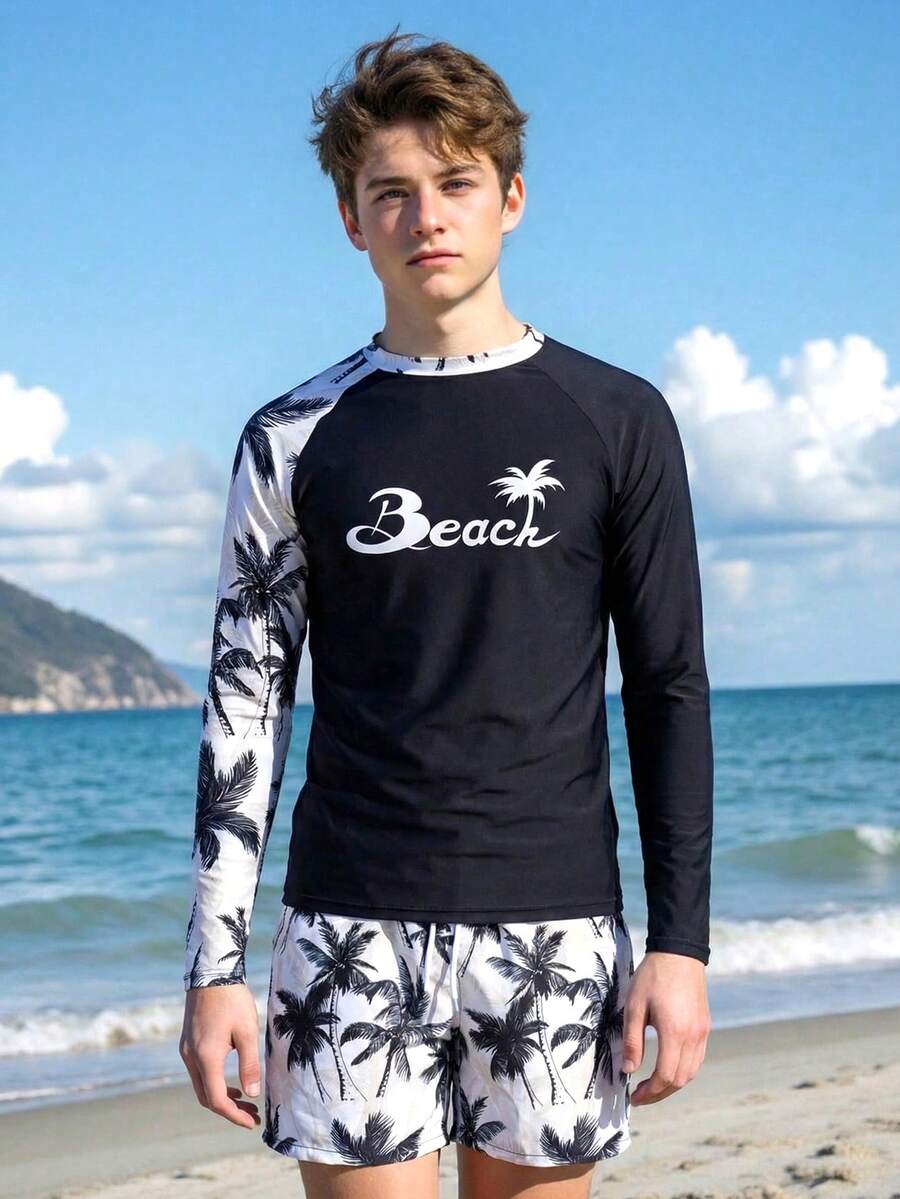 SHEIN 13-16岁青少年男孩长袖冲浪泳衣套装，沙滩椰树印花泳装，适合夏季学生海滩度假，酷炫男童泳装