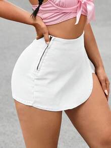 SHEIN PETITE 女士高腰不对称下摆休闲牛仔短裙 - 白色 - 查看 6