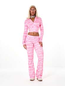 SUMWON WOMEN 粉色迷彩全拉链连帽衫，饰有水钻，长袖短款运动上衣，休闲街头风，秋冬居家休闲装 - 粉色 - 查看 4