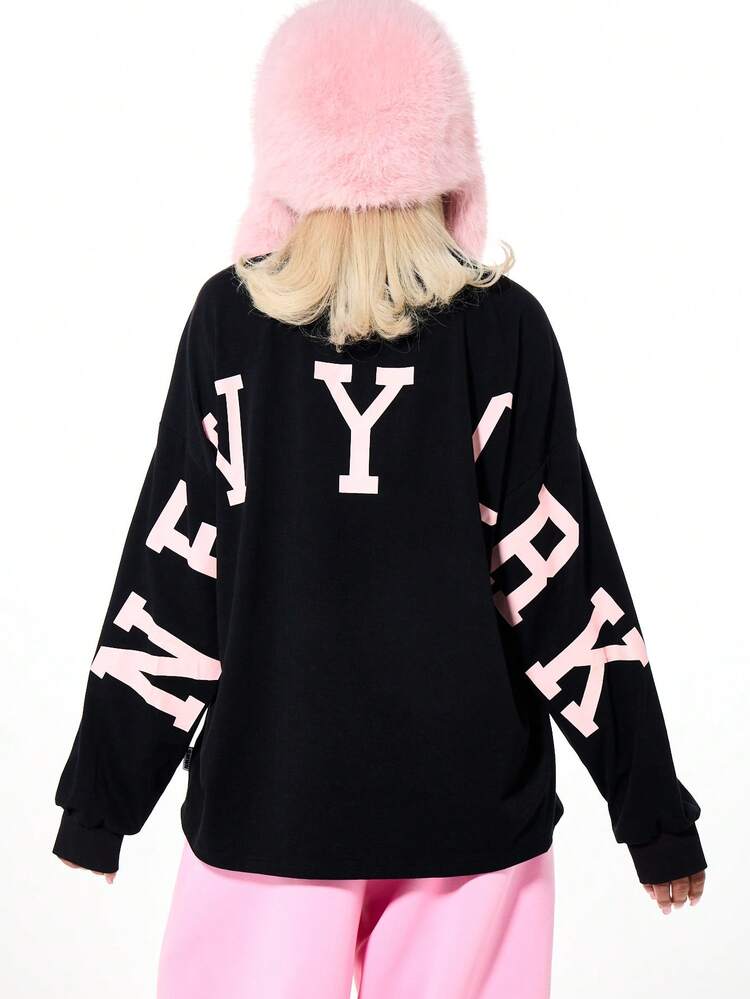 SUMWON Oversized Long Sleeve Graphic Tee With New York Print Back Design Statement Top