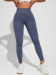 Seamless Knit Lifting Peach Butt Women Sports Leggings - Navy Blue - View 3