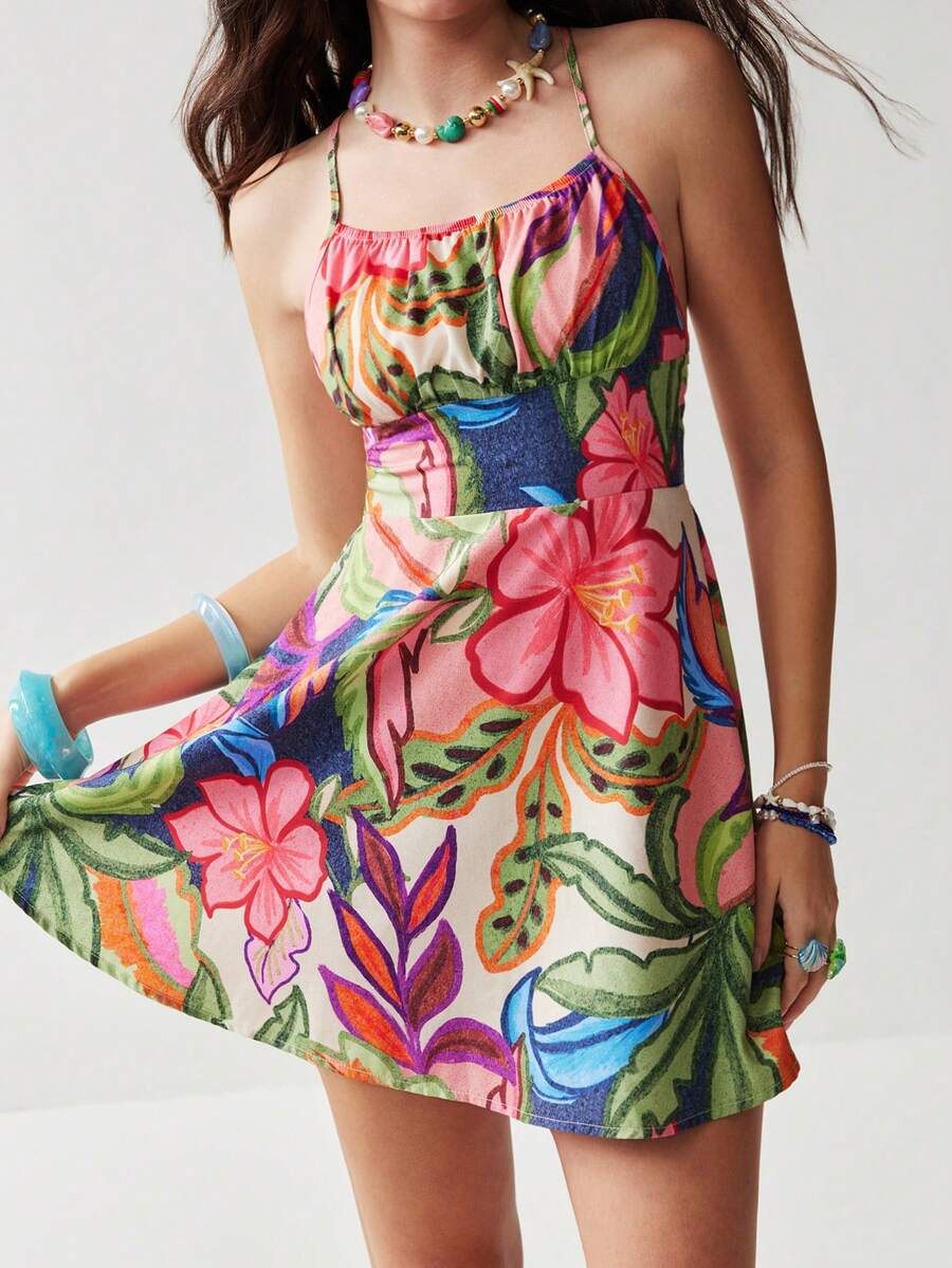 Soleia Vestido corto casual con estampado sin espalda para vacaciones de mujer - Multicolor - Ver 1