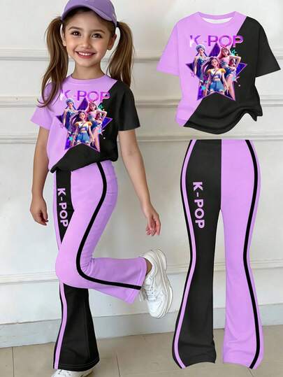 2pcs/Set Young Girls' Casual Fashionable Creative Personalized Refreshing Minimalist Virtual Girl Group Graphic Purple Plaid Pentagram Purple Diagonal Splice Black Styling Slogan Print Casual Short T-Shirt And Flared Pants Suit, Comfortable Daily Wear, Suitable For Spring, Summer And Autumn