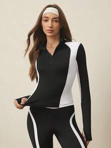 With My Calm With My Calm Damen Farbblock Reißverschluss Halb-Plakette Kapuzen Lässig Vielseitig Alltags Pendler Sport Sweatshirt - Schwarz und Weiss - Übersicht 3