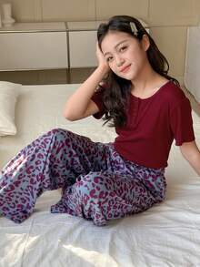 DAZY Tween Girls Short Sleeve Top & Pants Pajama Set, Fall - Burgundy - View 2