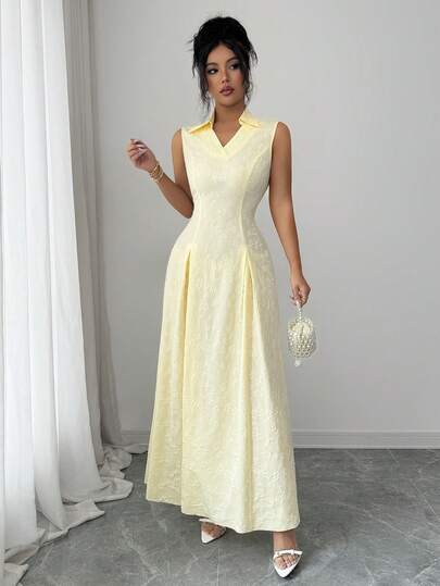 SHEIN Elenzya Women's 2026 Spring/Summer Elegant New Turndown Collar Cinched Waist Fitted Sleeveless Dress, Suitable For Women Aged 20-35+, Holiday, Daily, Party, Formal Occasion, Graduation Season (Random Print)