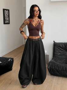 Coolane Women's Spring/Summer Streetwear Casual Hippie Party Y2K Chic Preppy Black Wide Leg Curved Hem Pants With Pockets - Black - View 5