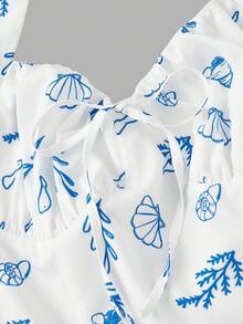 SHEIN MOD Women's Vacation Shell Print Waist Cinched Elegant Halter Dress - Blue and White - View 5