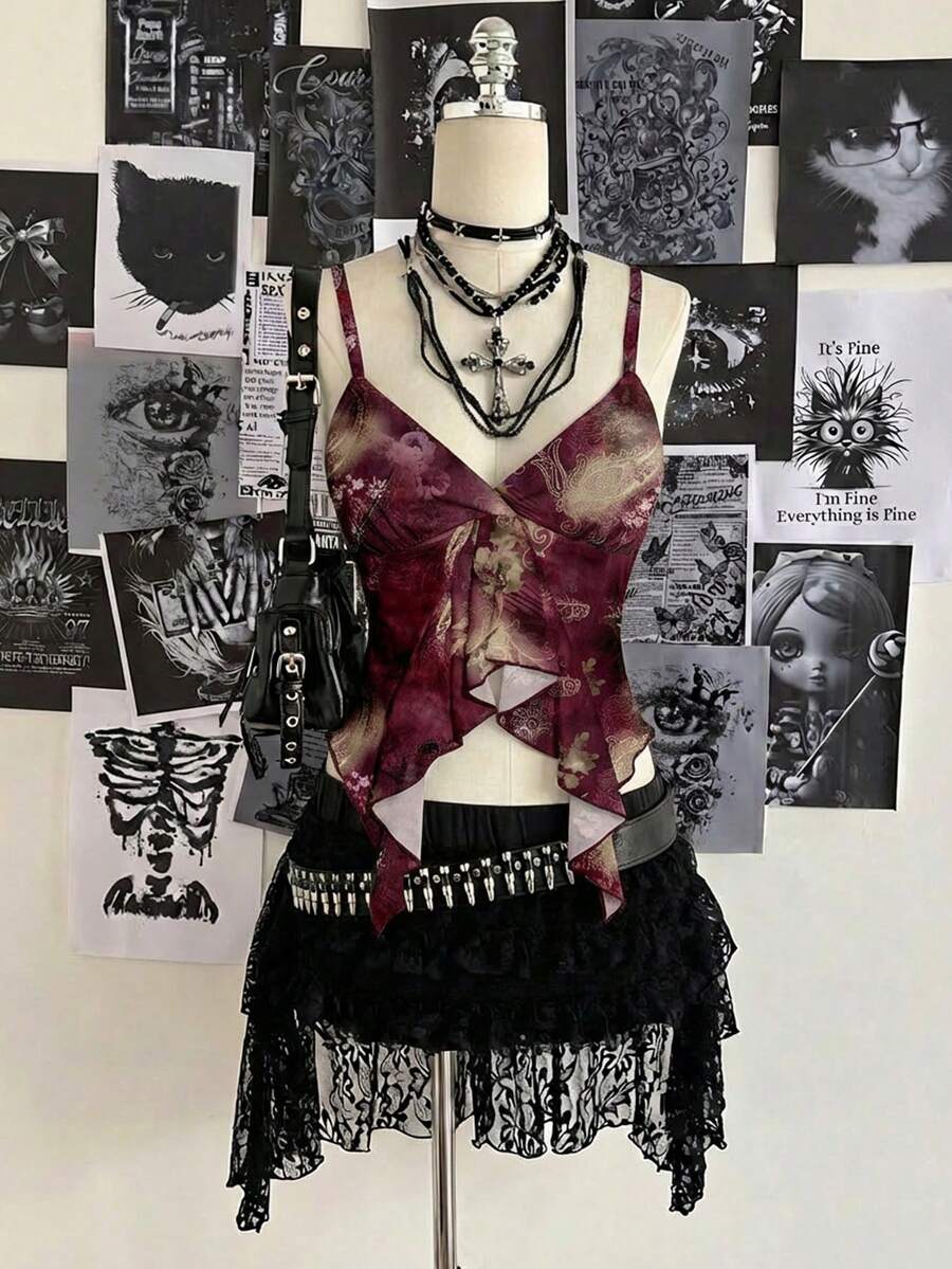 SHEIN ICON 女士休闲度假吊带背心，娃娃衫款，安哥拉红，佩斯利花纹，度假吊带背心，夏季吊带背心，Y2K风格，夏季 - 彩色 - 查看 1