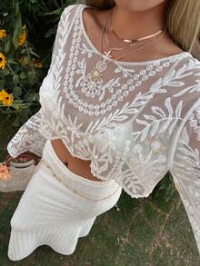 DAZY Áo khoác ngoài kiểu Bohemian khoét lỗ bằng móc len dành cho nữ, thích hợp cho kỳ nghỉ hè. - Màu be - Xem 5