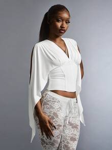 Amplova Women's Deep V-Neck Backless Loose Fit T-Shirt, Suitable For Early Spring - White - View 1