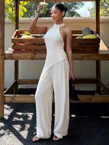 Muchica Women's Summer New Halter Asymmetrical Hem Tank Top And Pants Set - Apricot - View 5