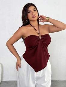 Firerie 大码女士优雅金属装饰不对称下摆吊带背心，夏季 - 酒紅色 - 查看 3