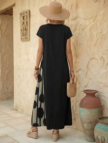 Faunlyn Vestido casual de vacaciones para mujer con estampado de patchwork y bloques de color - Negro - Ver 2