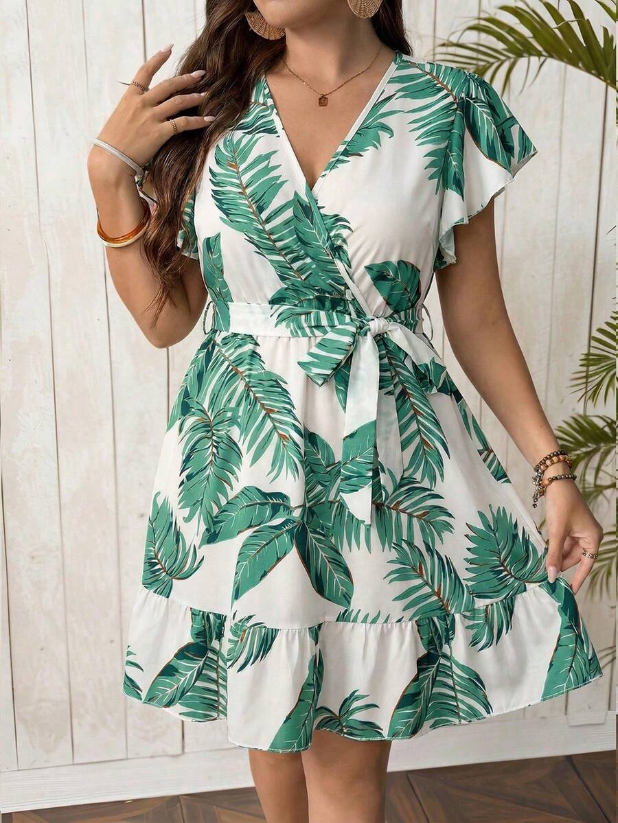 SHEIN Clasi Plus Size Summer Vacation Leaf Print Ruffle Hem Dress - Multicolor - View 1