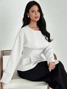Firerie Camisa feminina elegante para o dia a dia e ocasiões casuais, com textura vintage de bambu, gola redonda, mangas compridas, cintura franzida e pregas. Ideal para o outono, para professoras, passeios e viagens. - Branco - Ver 5