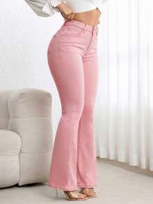 Flexra Quần jeans ống loe cạp cao có túi dành cho nữ, kiểu dáng thường ngày, đa năng. - Hồng - Xem 3