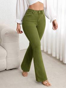 Flexra Quần jeans ống loe màu trơn đơn giản dành cho nữ, thích hợp mặc đi làm hàng ngày. - màu xanh lá - Xem 5